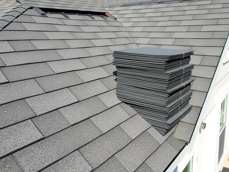 Bundles of new asphalt shingles stacked on a sloped shingle roof