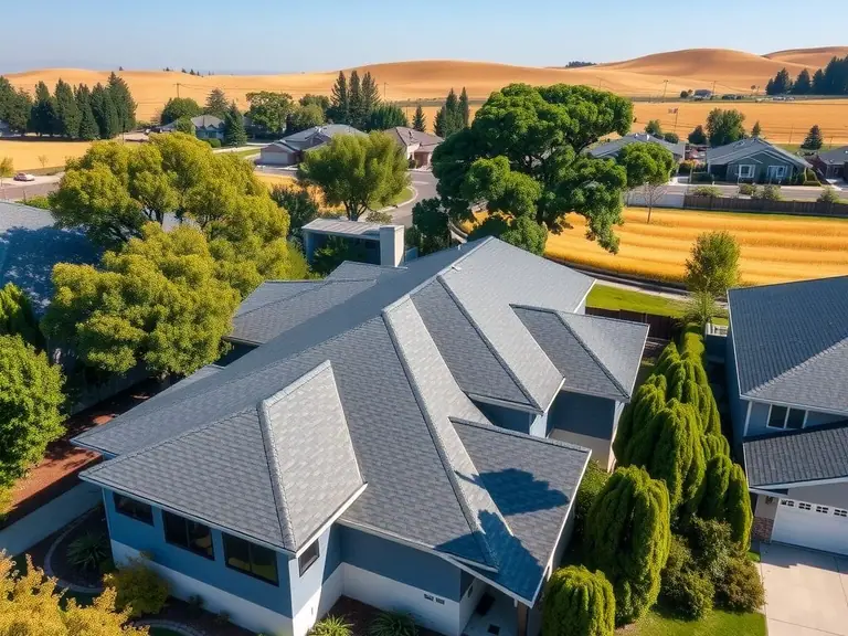 A single-story ranch home with a new grey architectural shingle roof among valley oaks, golden hills behind