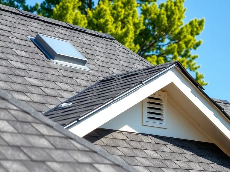 A shingle roof with a square roof vent and a louvered gable vent